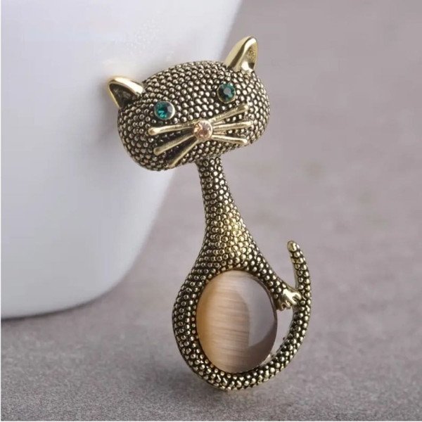 Брошь маленький кот с камнем под тигровый глаз - 3038