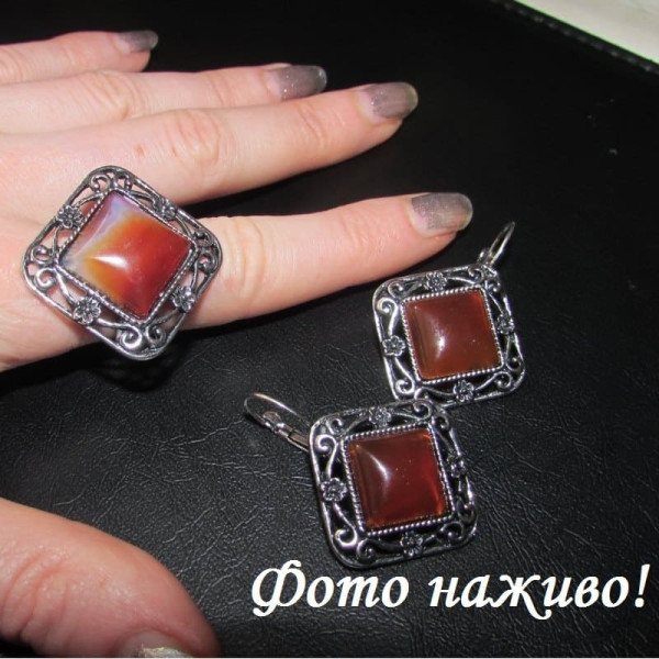 Комплект біжутерії каблучка та сережки з сердоліком - 5699