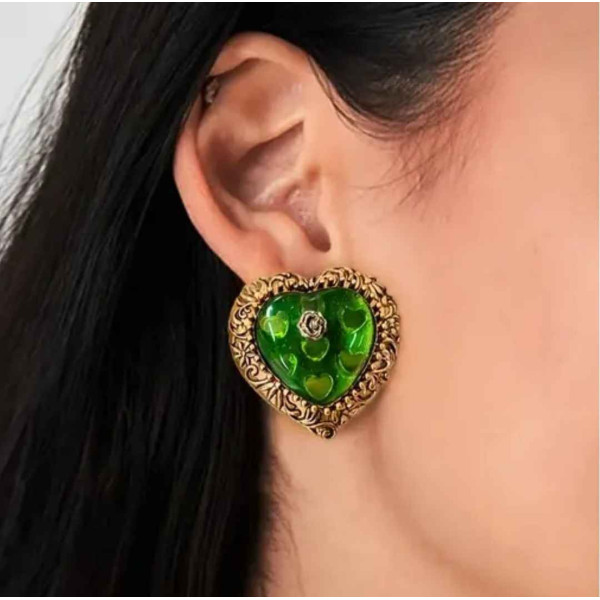 Серьги сердца зеленые в розах – 2510