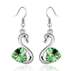 Ювелирные серьги Swarovski Лебеди сердце салатовое 