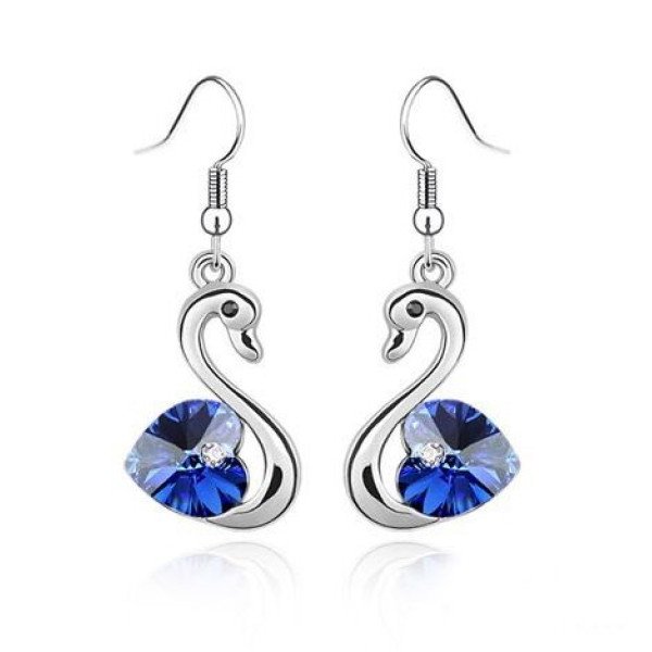 Ювелирные серьги Swarovski Лебеди сердце синее