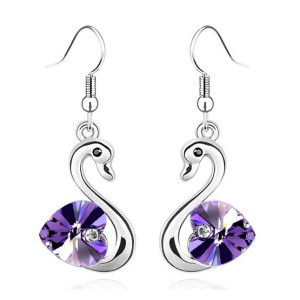Ювелирные серьги Swarovski Лебеди сердце фиолет  