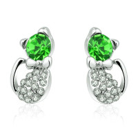 Ювелирные серьги Swarovski Кошки салатовые с бантом