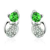 Ювелирные серьги Swarovski Кошки салатовые с бантом