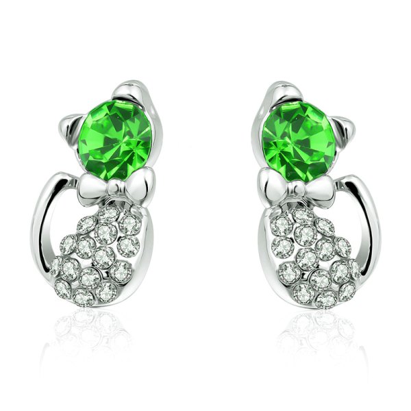 Ювелирные серьги Swarovski Кошки салатовые с бантом
